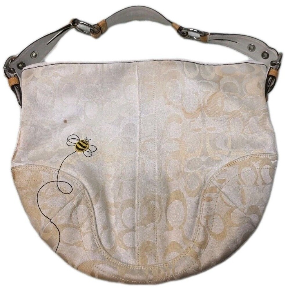 Coach Y2K Optic Ivory Signature "C" Bumble Bee Large Hobo Bag 5065 Tan Leather